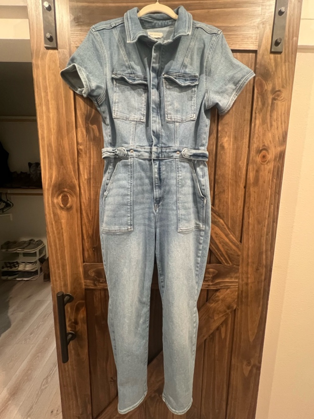 Good American Light Wash Denim Short Sleeve Jumpsuit Overalls